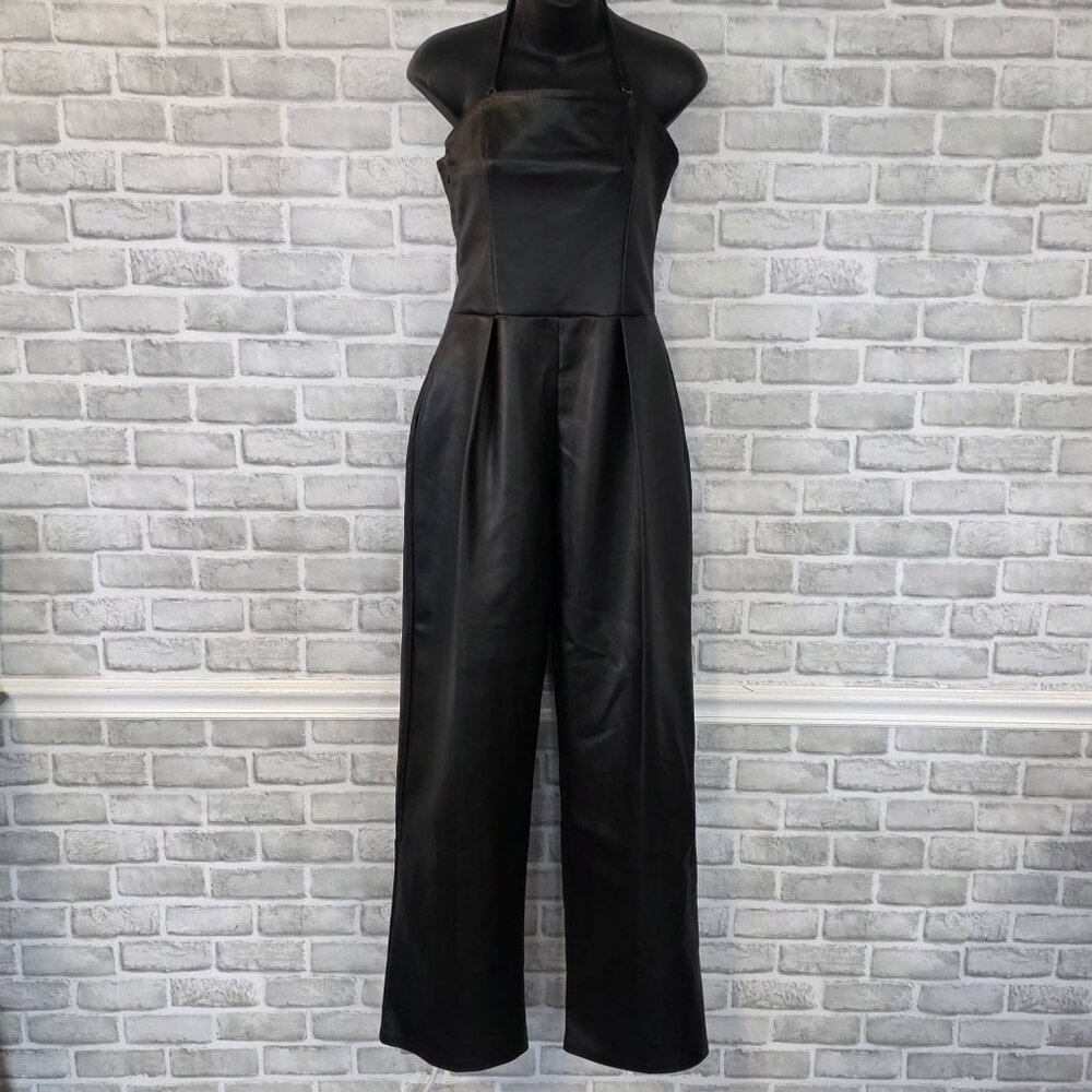 Maniere De Voir Black Vegan Leather Tailored Jumpsuit Night Out Chic Quiet Luxur